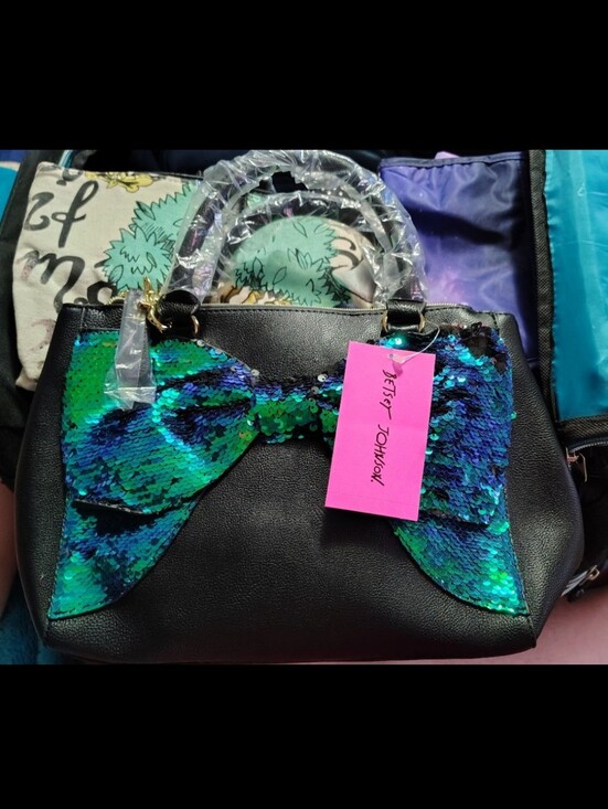 Betsey Johnson Handbags - Betsey Johnson Black Satchel with Green-Blue Sequin Bow